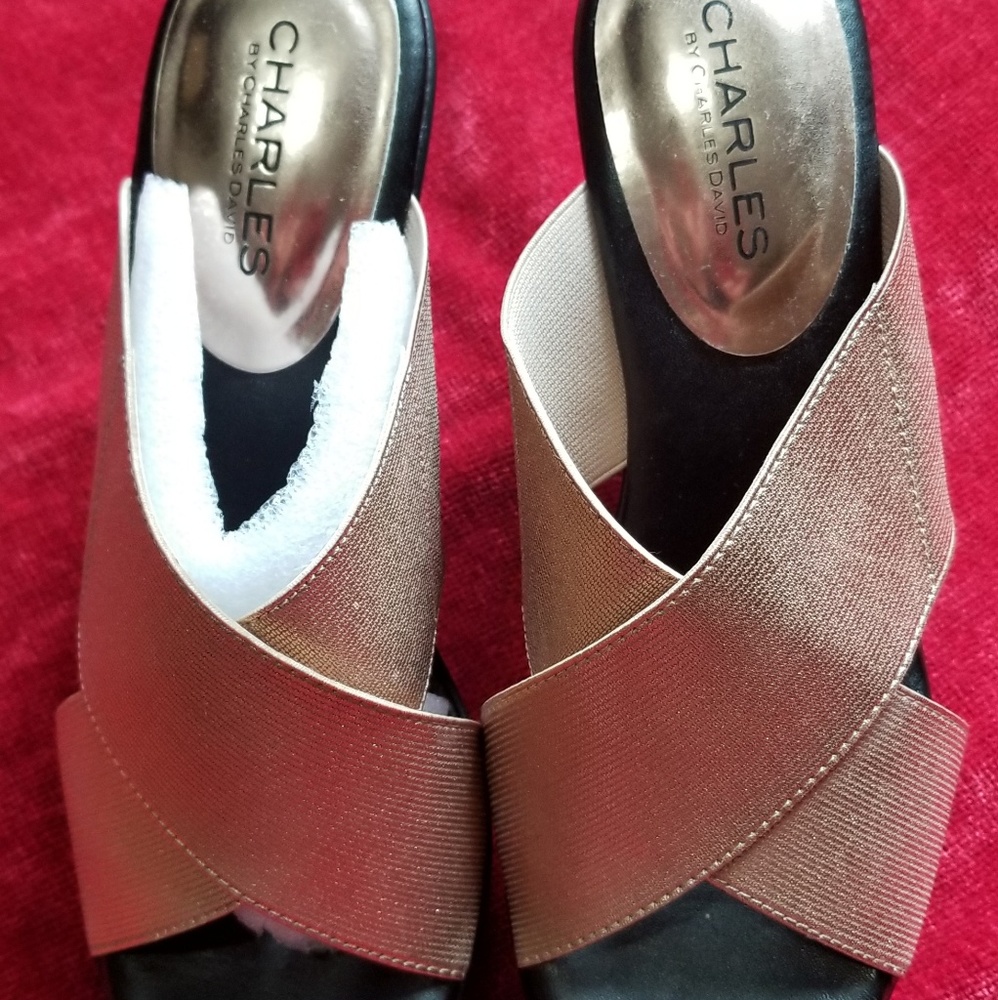 Rose gold elastic wedge sandals